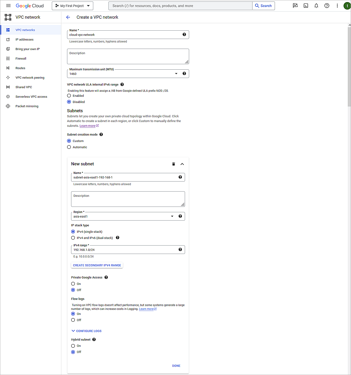 Screenshot of the VPC network 001 in Google Cloud